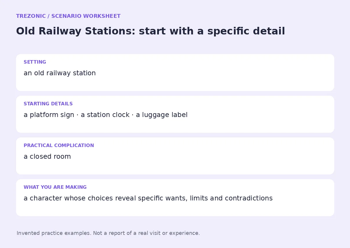Practice worksheet for Old Railway Stations: setting, starting details, complication and goal