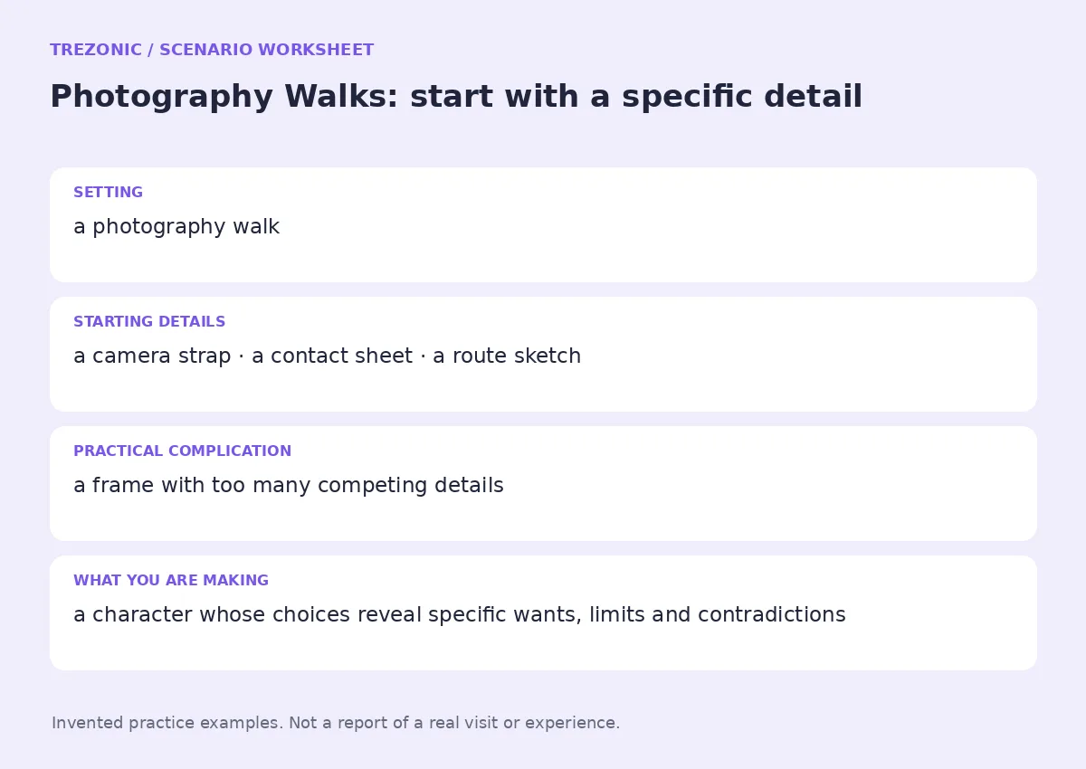 Practice worksheet for Photography Walks: setting, starting details, complication and goal