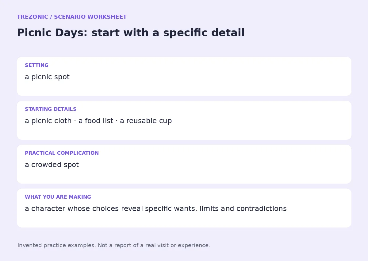 Practice worksheet for Picnic Days: setting, starting details, complication and goal