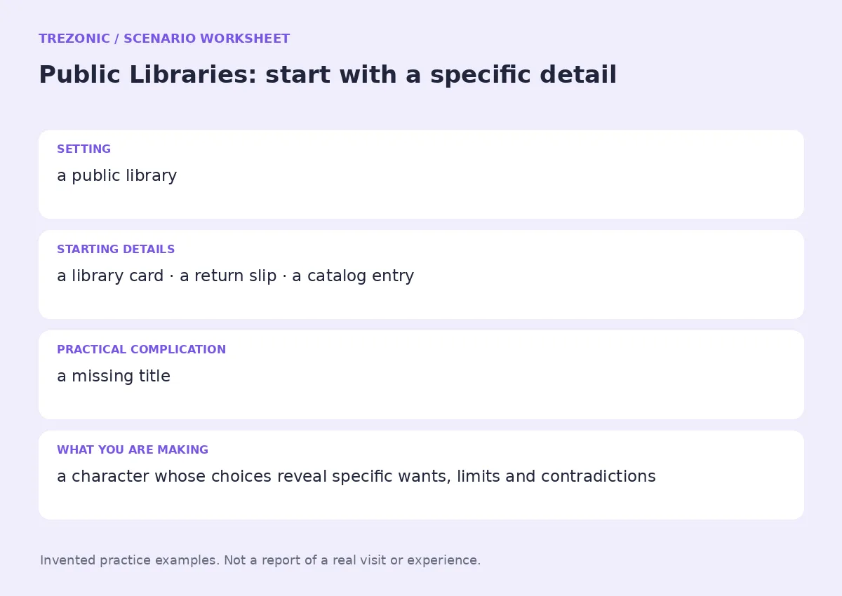 Practice worksheet for Public Libraries: setting, starting details, complication and goal