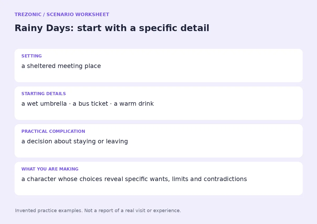 Practice worksheet for Rainy Days: setting, starting details, complication and goal