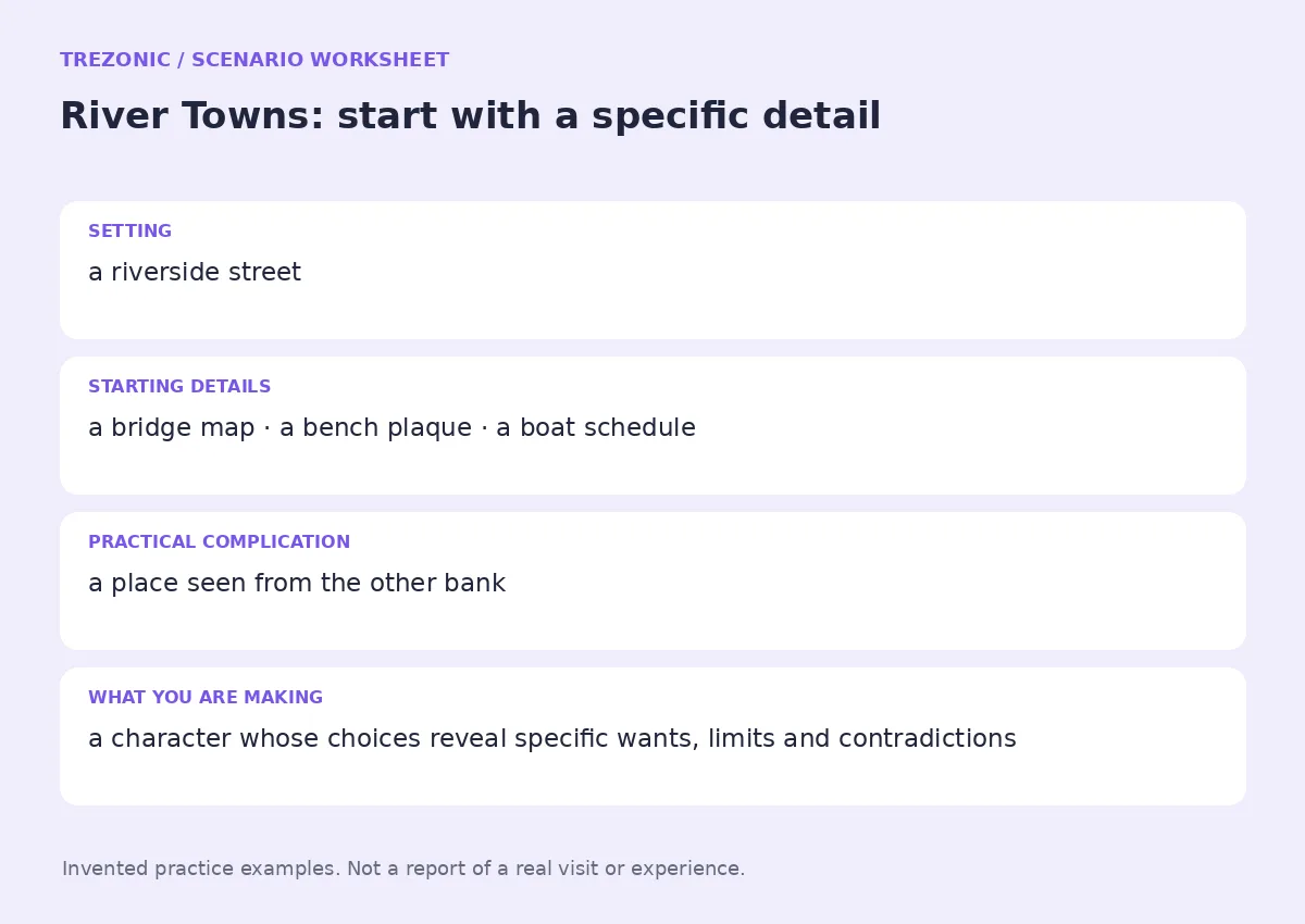 Practice worksheet for River Towns: setting, starting details, complication and goal