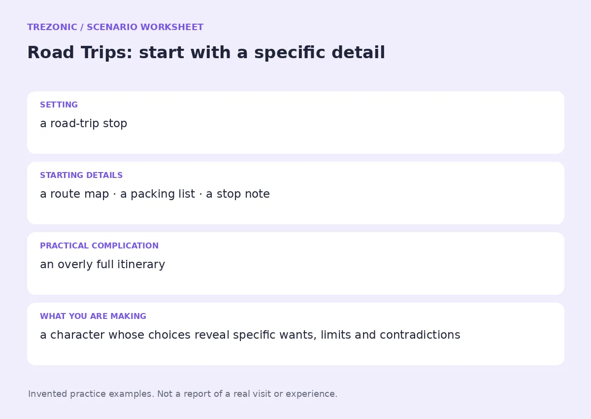 Practice worksheet for Road Trips: setting, starting details, complication and goal