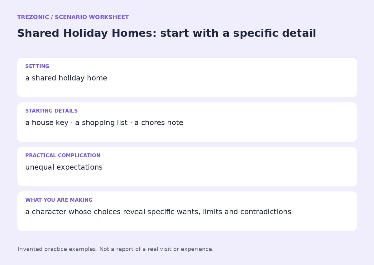 Practice worksheet for Shared Holiday Homes: setting, starting details, complication and goal