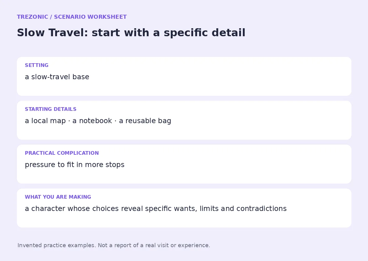 Practice worksheet for Slow Travel: setting, starting details, complication and goal