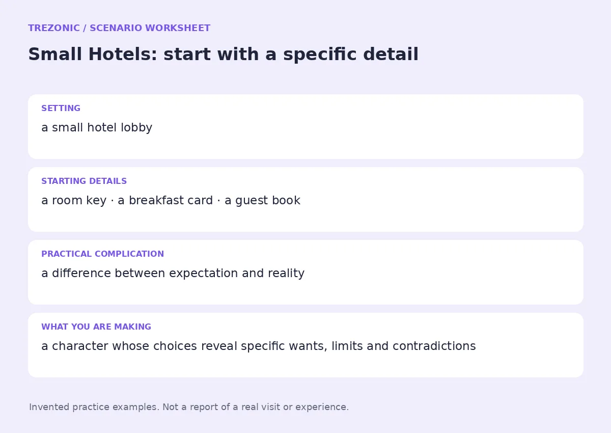 Practice worksheet for Small Hotels: setting, starting details, complication and goal