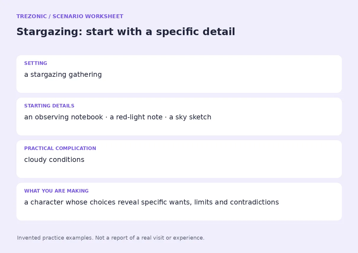 Practice worksheet for Stargazing: setting, starting details, complication and goal