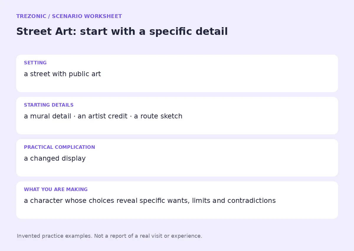 Practice worksheet for Street Art: setting, starting details, complication and goal