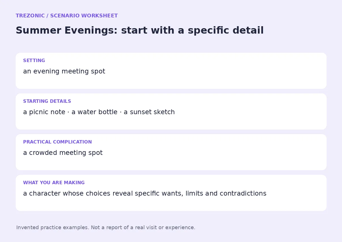 Practice worksheet for Summer Evenings: setting, starting details, complication and goal