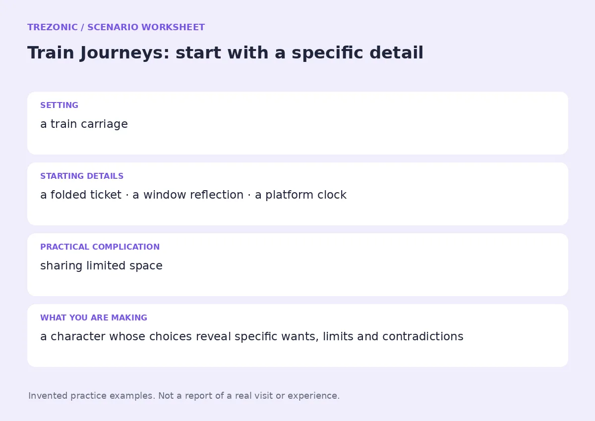 Practice worksheet for Train Journeys: setting, starting details, complication and goal