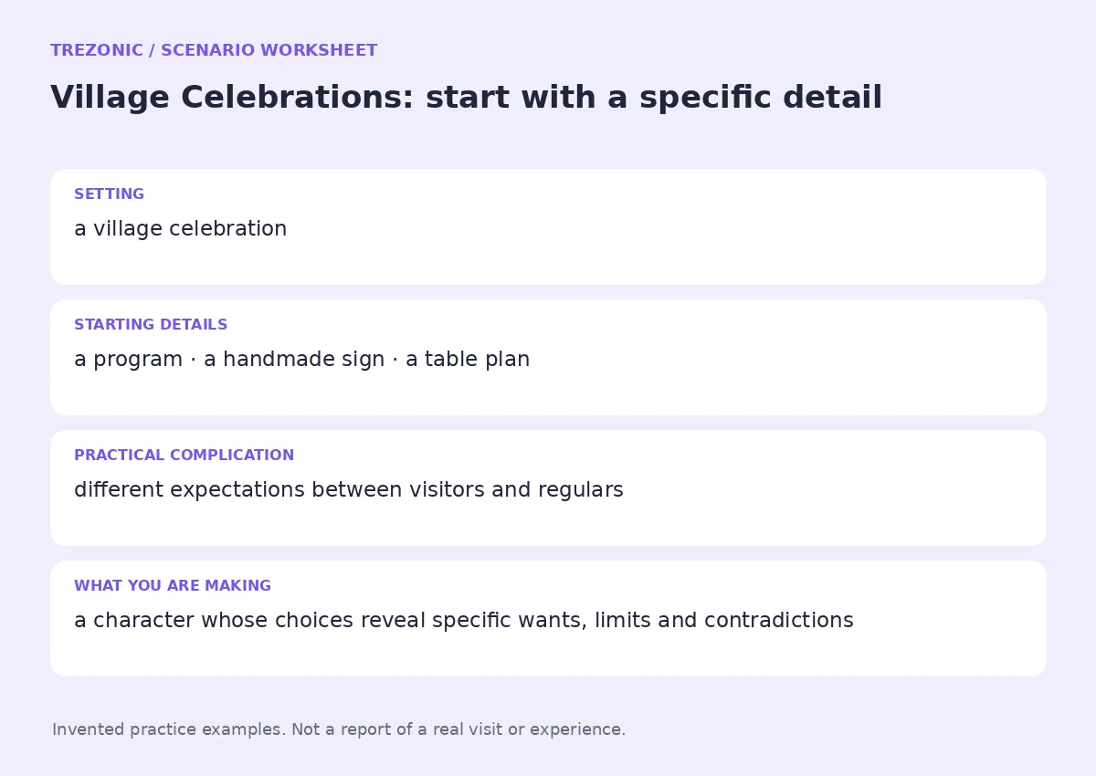 Practice worksheet for Village Celebrations: setting, starting details, complication and goal