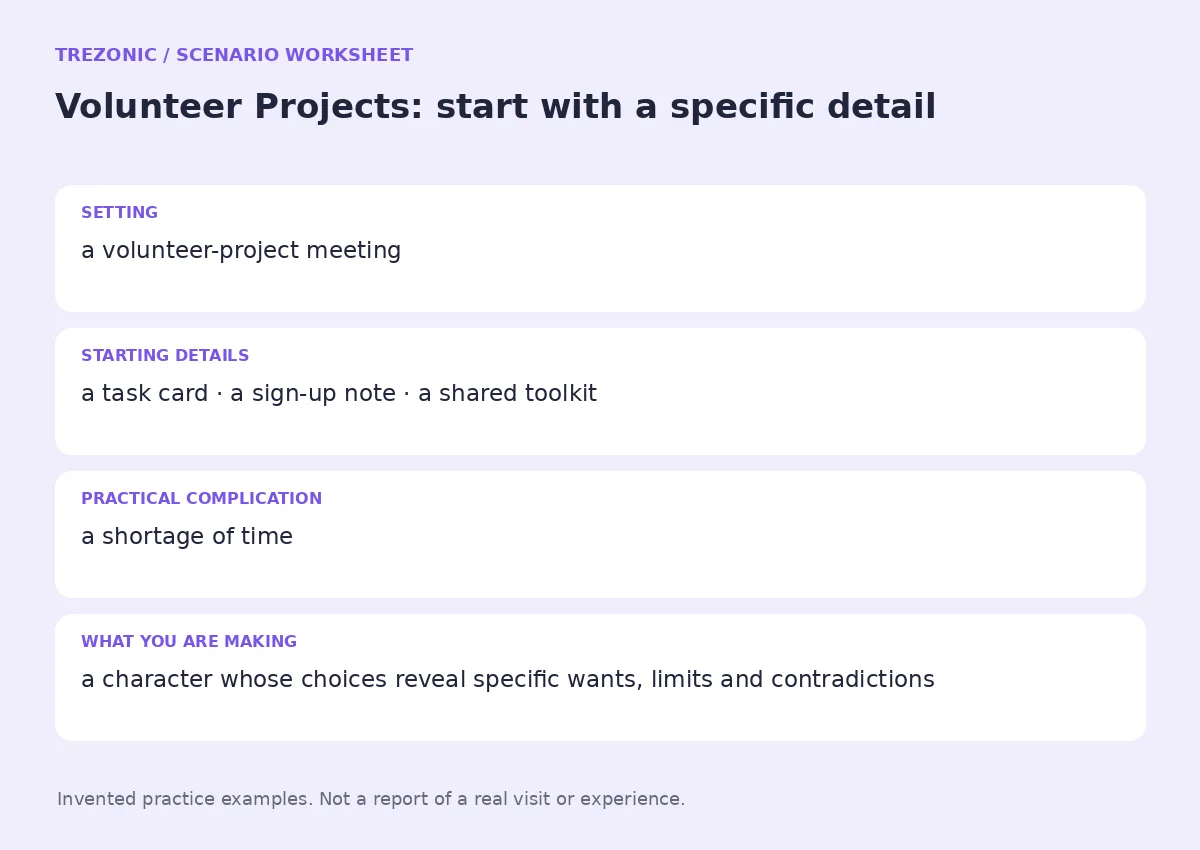 Practice worksheet for Volunteer Projects: setting, starting details, complication and goal