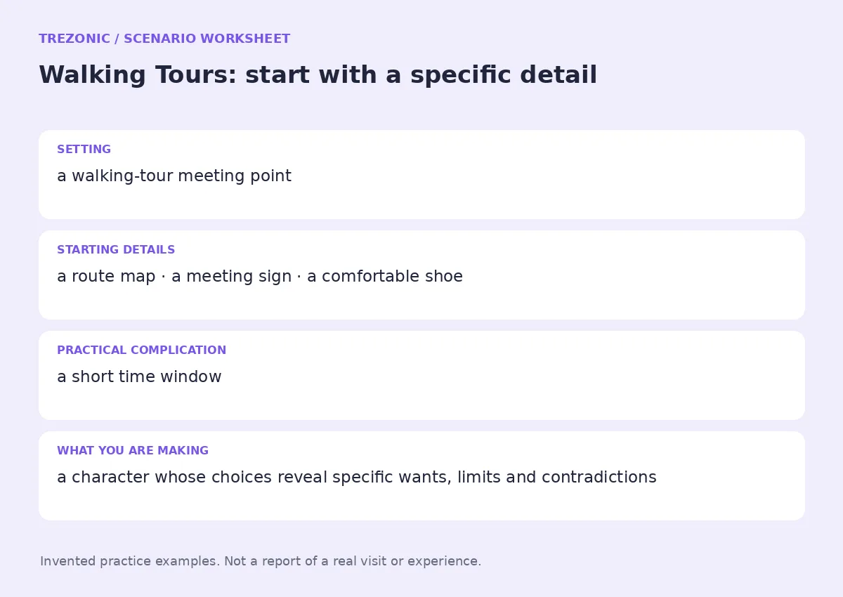 Practice worksheet for Walking Tours: setting, starting details, complication and goal