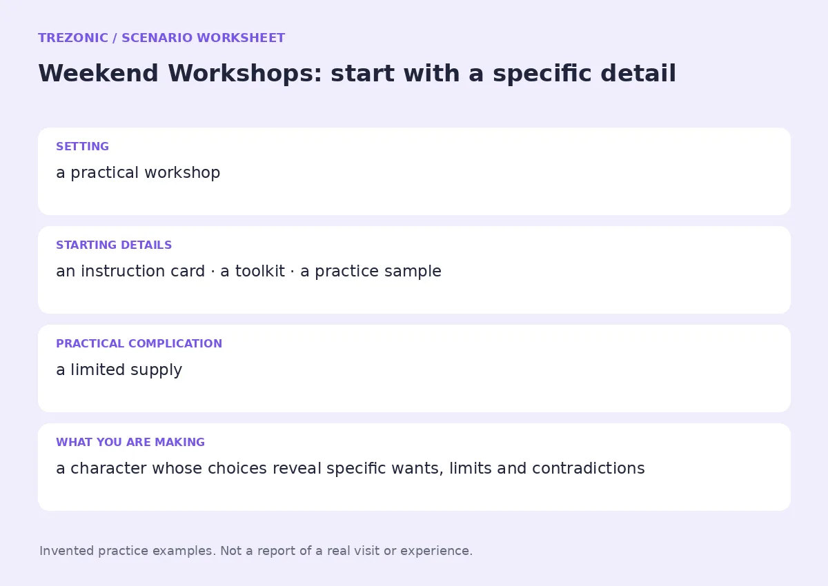 Practice worksheet for Weekend Workshops: setting, starting details, complication and goal