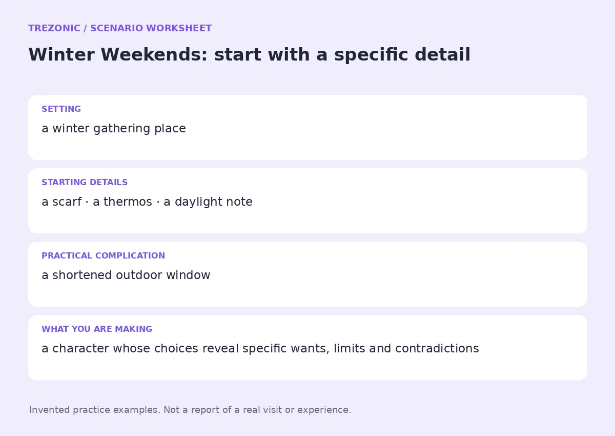 Practice worksheet for Winter Weekends: setting, starting details, complication and goal