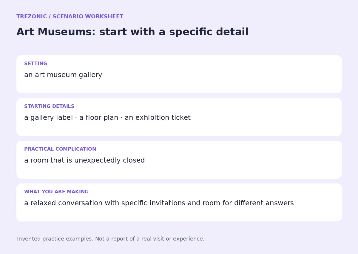 Practice worksheet for Art Museums: setting, starting details, complication and goal