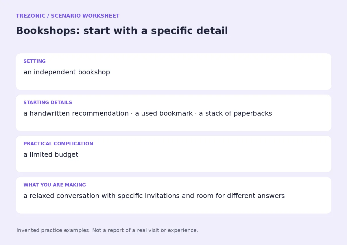 Practice worksheet for Bookshops: setting, starting details, complication and goal
