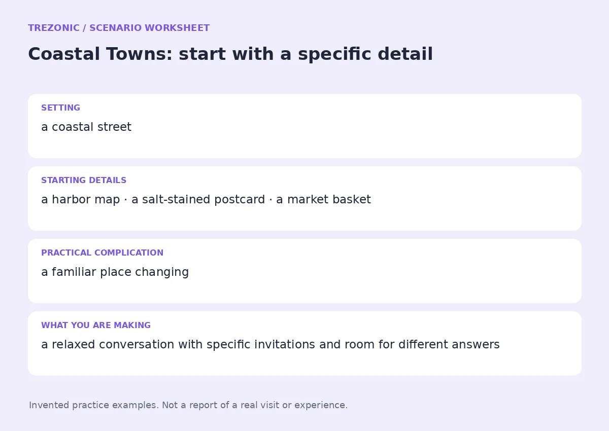 Practice worksheet for Coastal Towns: setting, starting details, complication and goal