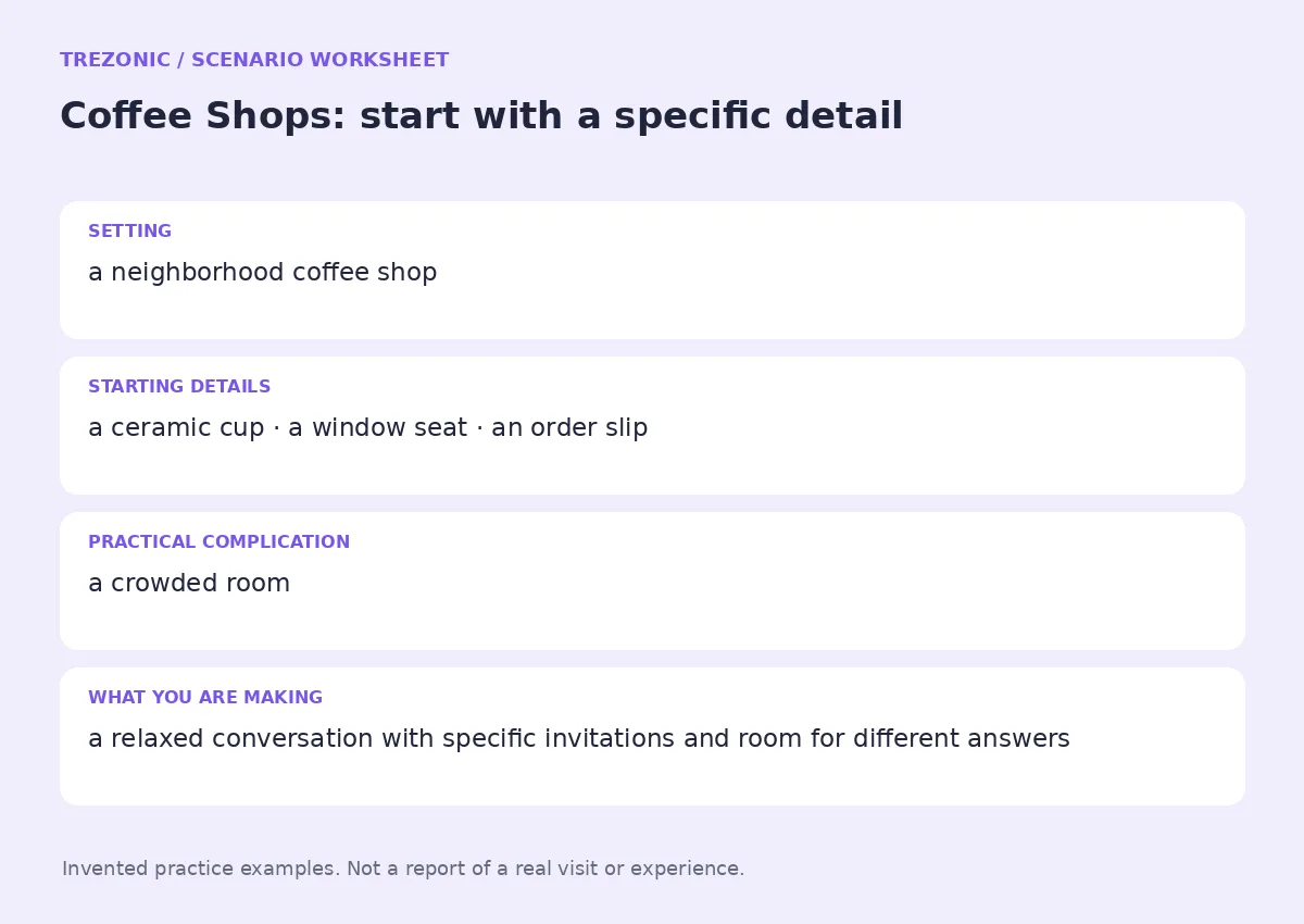 Practice worksheet for Coffee Shops: setting, starting details, complication and goal