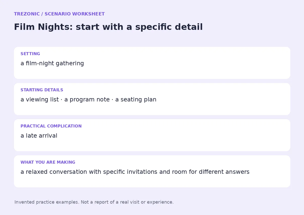 Practice worksheet for Film Nights: setting, starting details, complication and goal