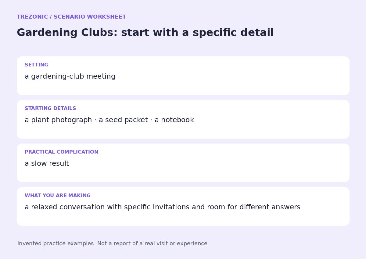 Practice worksheet for Gardening Clubs: setting, starting details, complication and goal