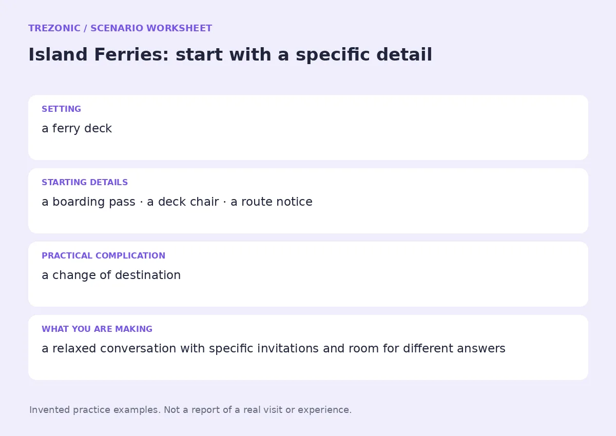 Practice worksheet for Island Ferries: setting, starting details, complication and goal