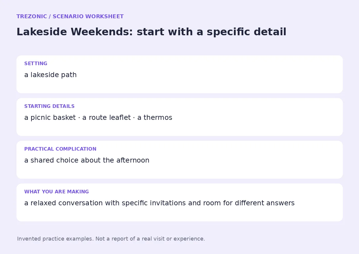 Practice worksheet for Lakeside Weekends: setting, starting details, complication and goal