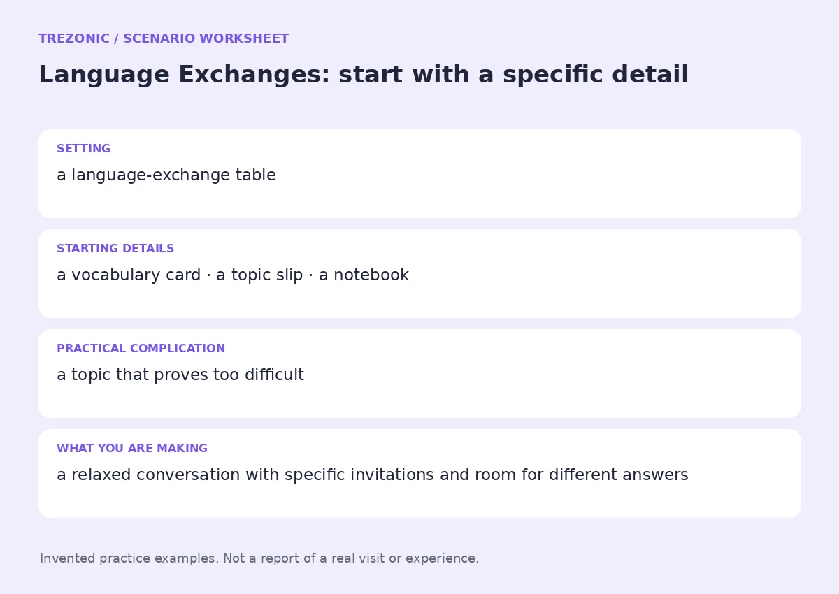 Practice worksheet for Language Exchanges: setting, starting details, complication and goal