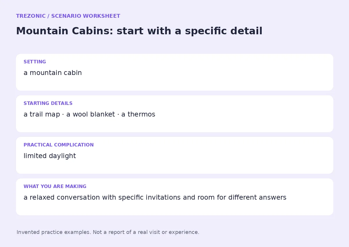 Practice worksheet for Mountain Cabins: setting, starting details, complication and goal