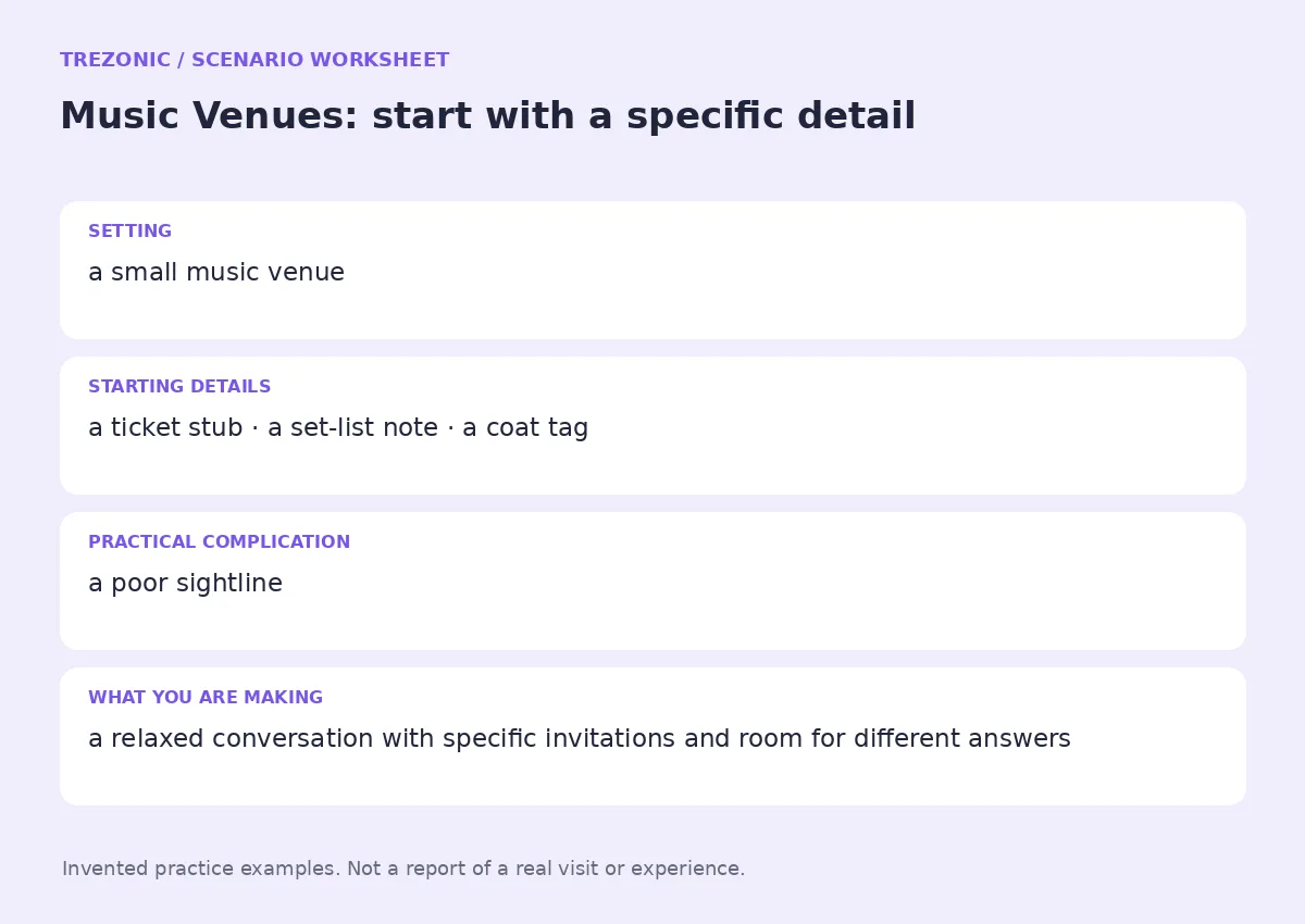Practice worksheet for Music Venues: setting, starting details, complication and goal