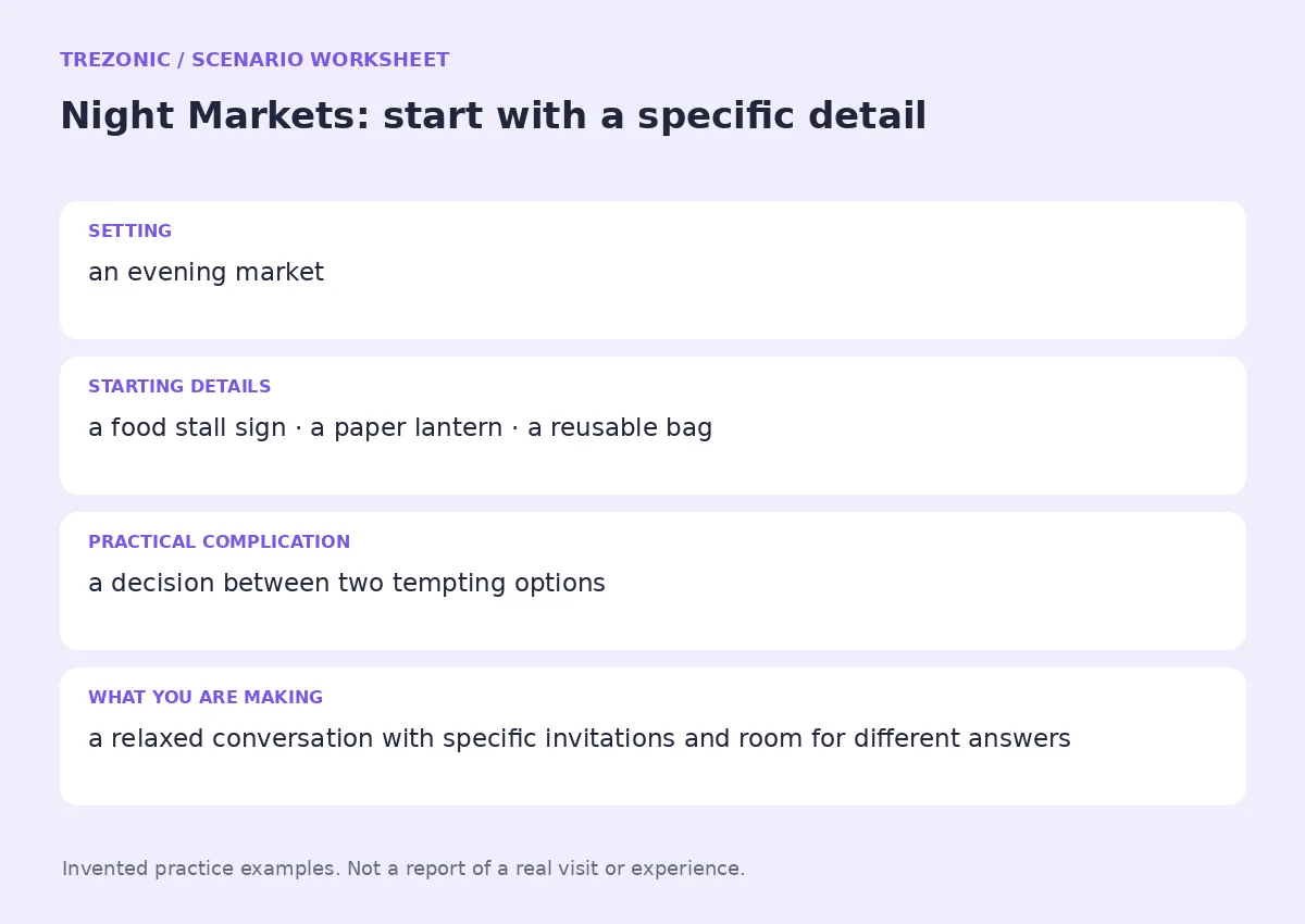 Practice worksheet for Night Markets: setting, starting details, complication and goal
