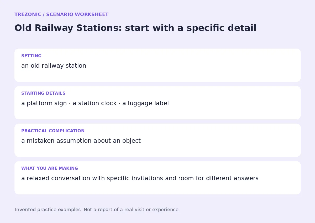 Practice worksheet for Old Railway Stations: setting, starting details, complication and goal