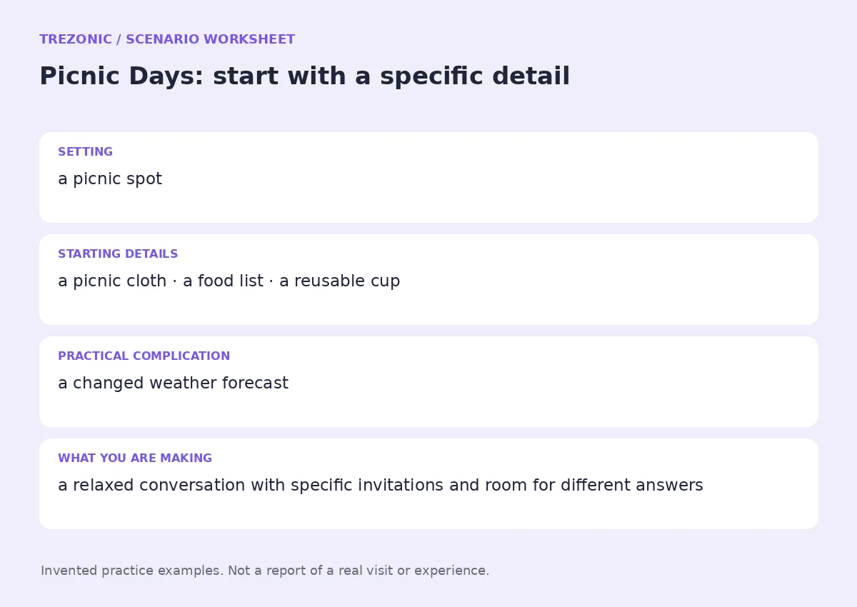 Practice worksheet for Picnic Days: setting, starting details, complication and goal