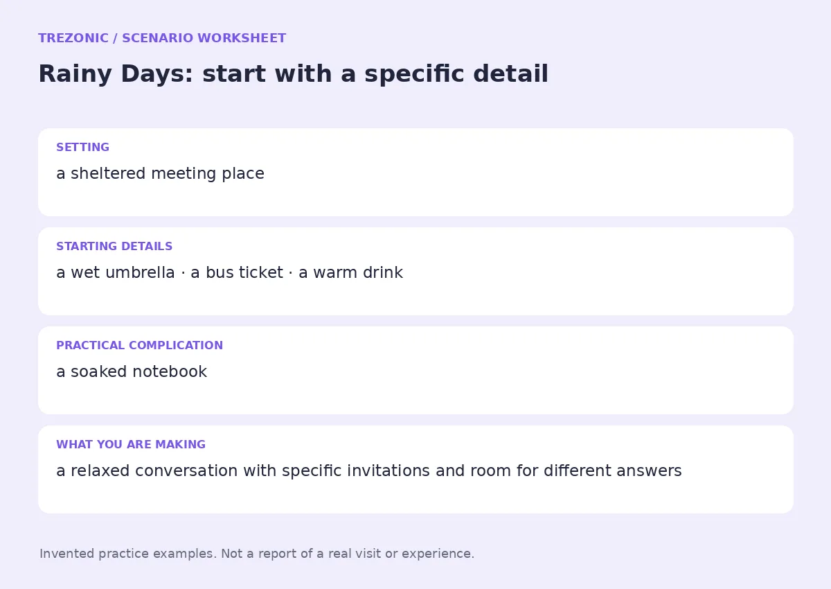 Practice worksheet for Rainy Days: setting, starting details, complication and goal