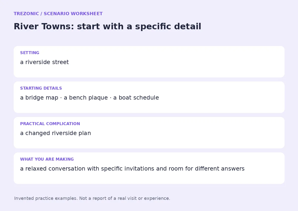 Practice worksheet for River Towns: setting, starting details, complication and goal