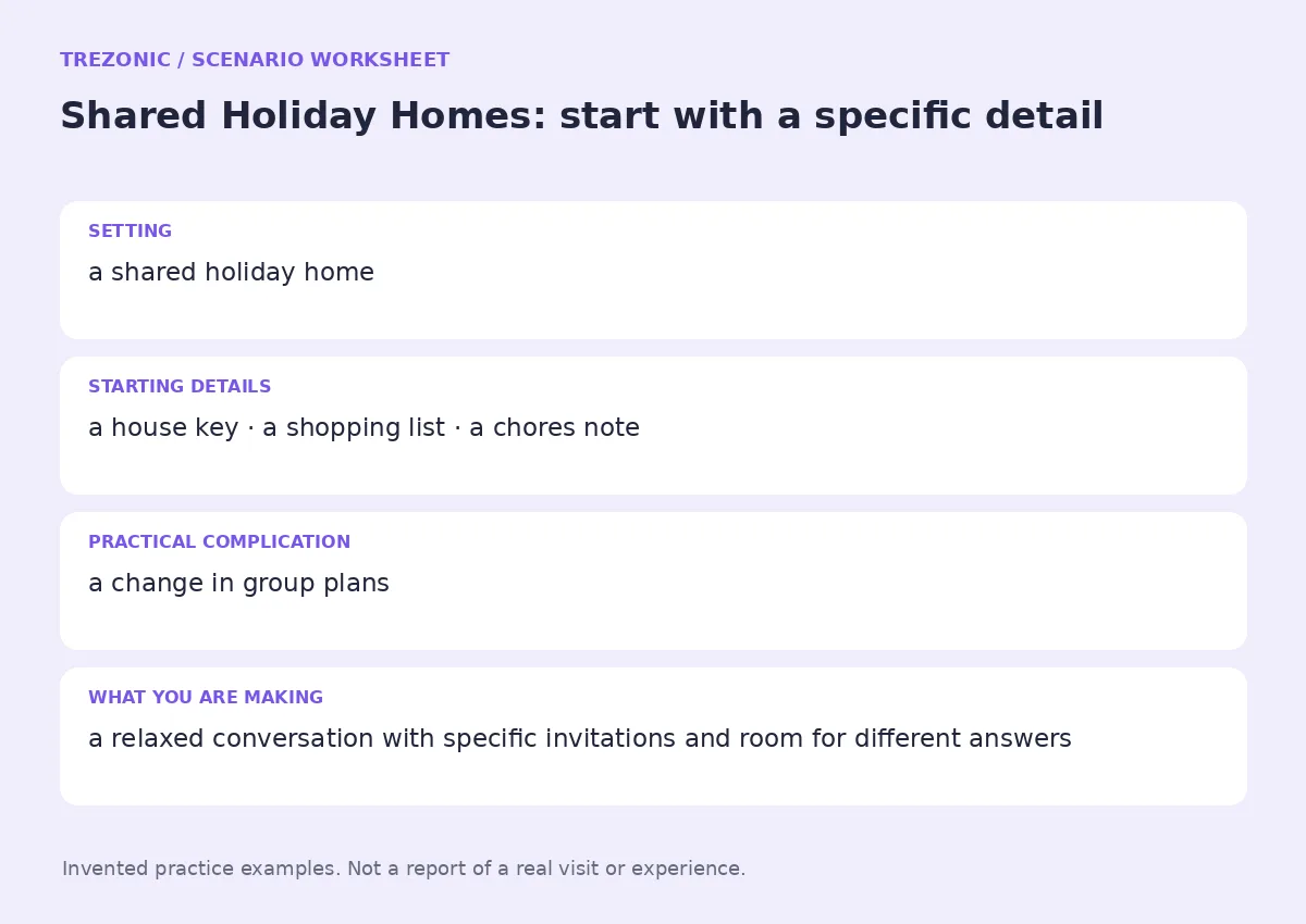 Practice worksheet for Shared Holiday Homes: setting, starting details, complication and goal