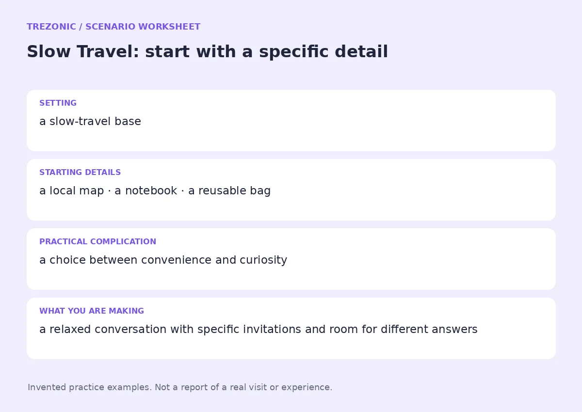 Practice worksheet for Slow Travel: setting, starting details, complication and goal