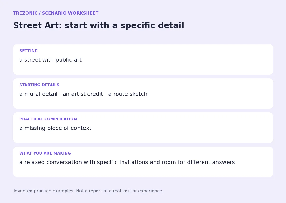 Practice worksheet for Street Art: setting, starting details, complication and goal