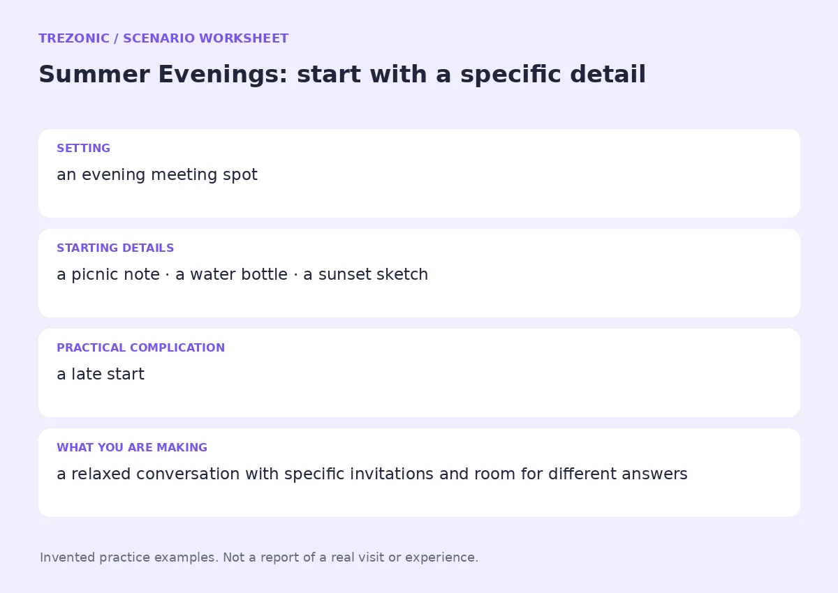 Practice worksheet for Summer Evenings: setting, starting details, complication and goal
