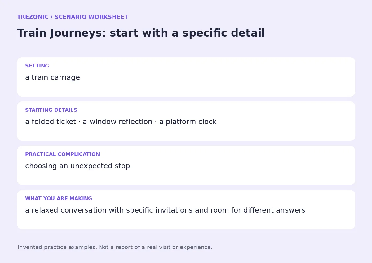 Practice worksheet for Train Journeys: setting, starting details, complication and goal