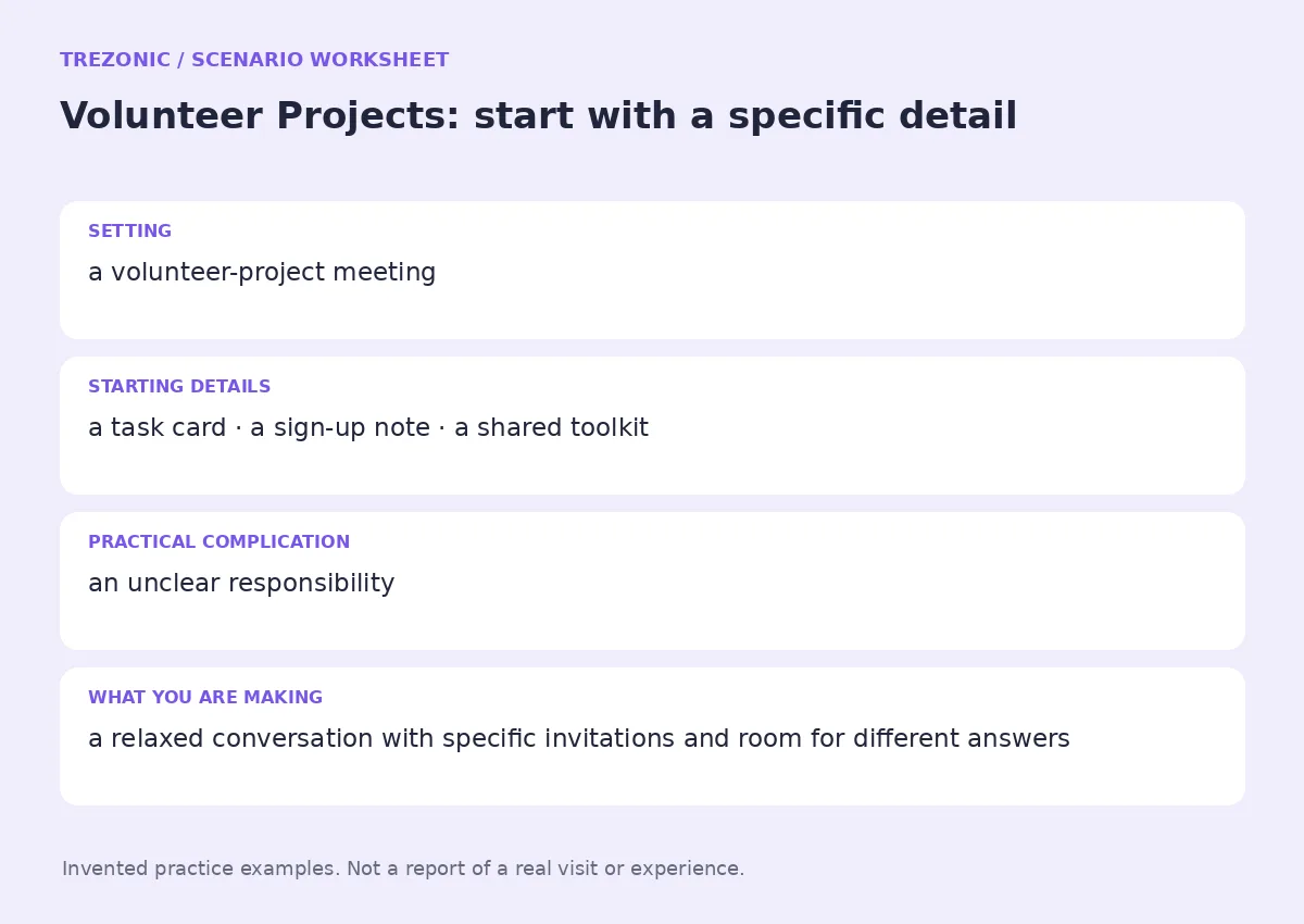 Practice worksheet for Volunteer Projects: setting, starting details, complication and goal