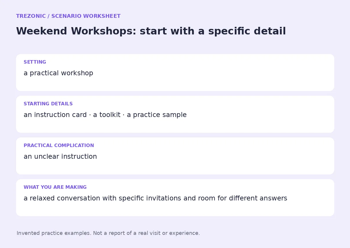Practice worksheet for Weekend Workshops: setting, starting details, complication and goal