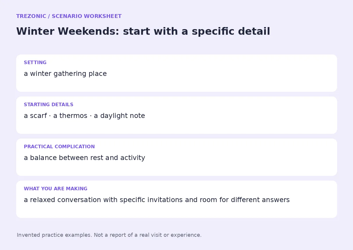 Practice worksheet for Winter Weekends: setting, starting details, complication and goal