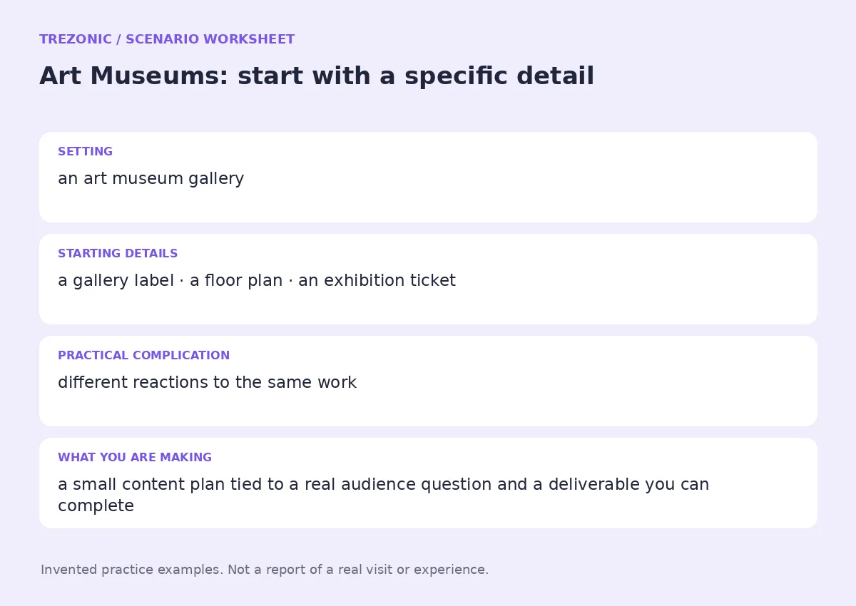 Practice worksheet for Art Museums: setting, starting details, complication and goal