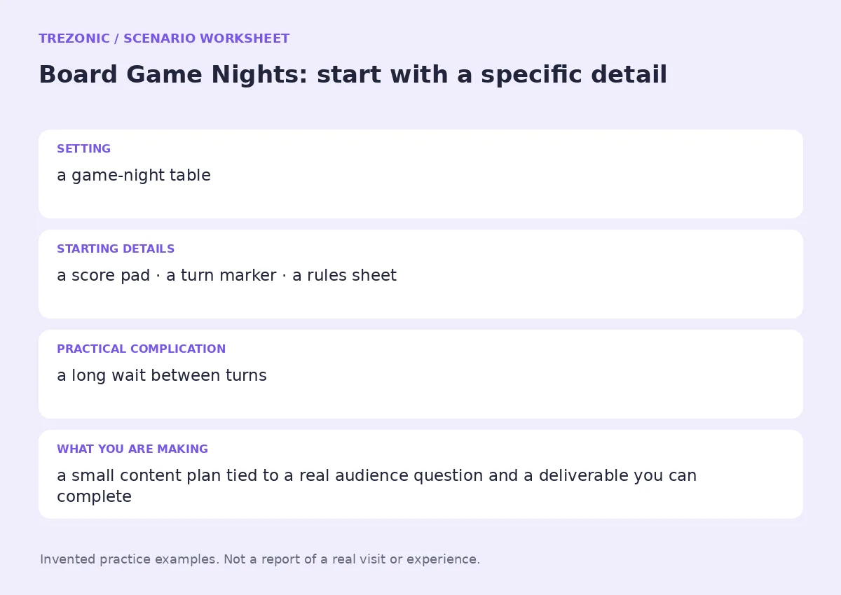 Practice worksheet for Board Game Nights: setting, starting details, complication and goal