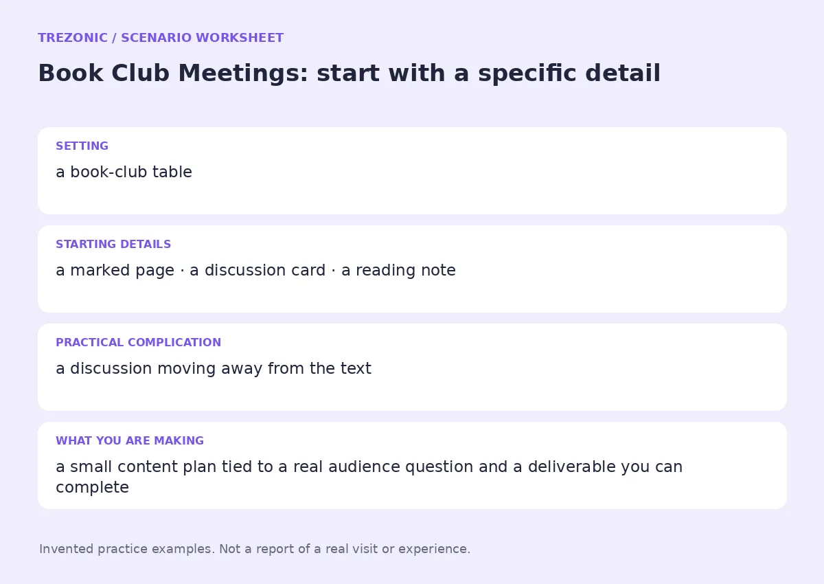 Practice worksheet for Book Club Meetings: setting, starting details, complication and goal