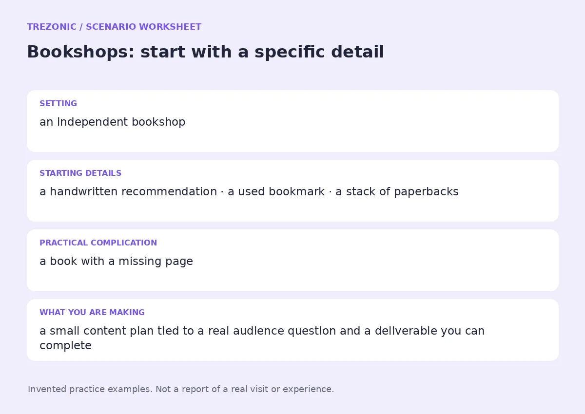 Practice worksheet for Bookshops: setting, starting details, complication and goal