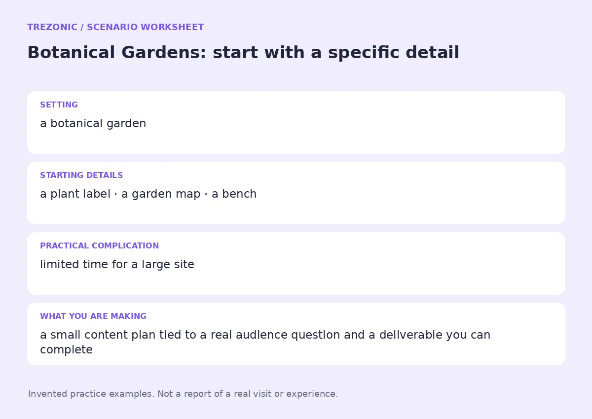 Practice worksheet for Botanical Gardens: setting, starting details, complication and goal
