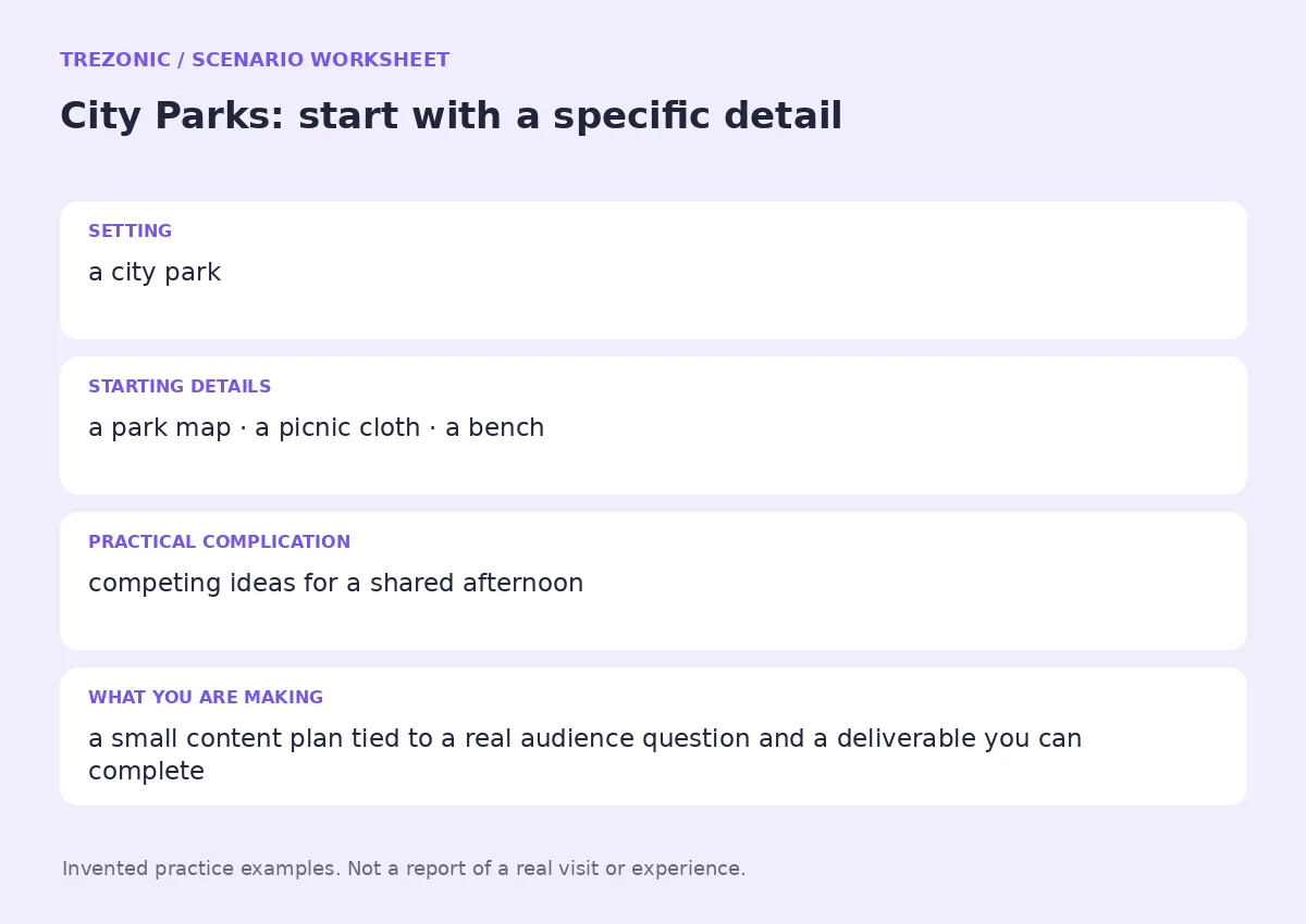 Practice worksheet for City Parks: setting, starting details, complication and goal