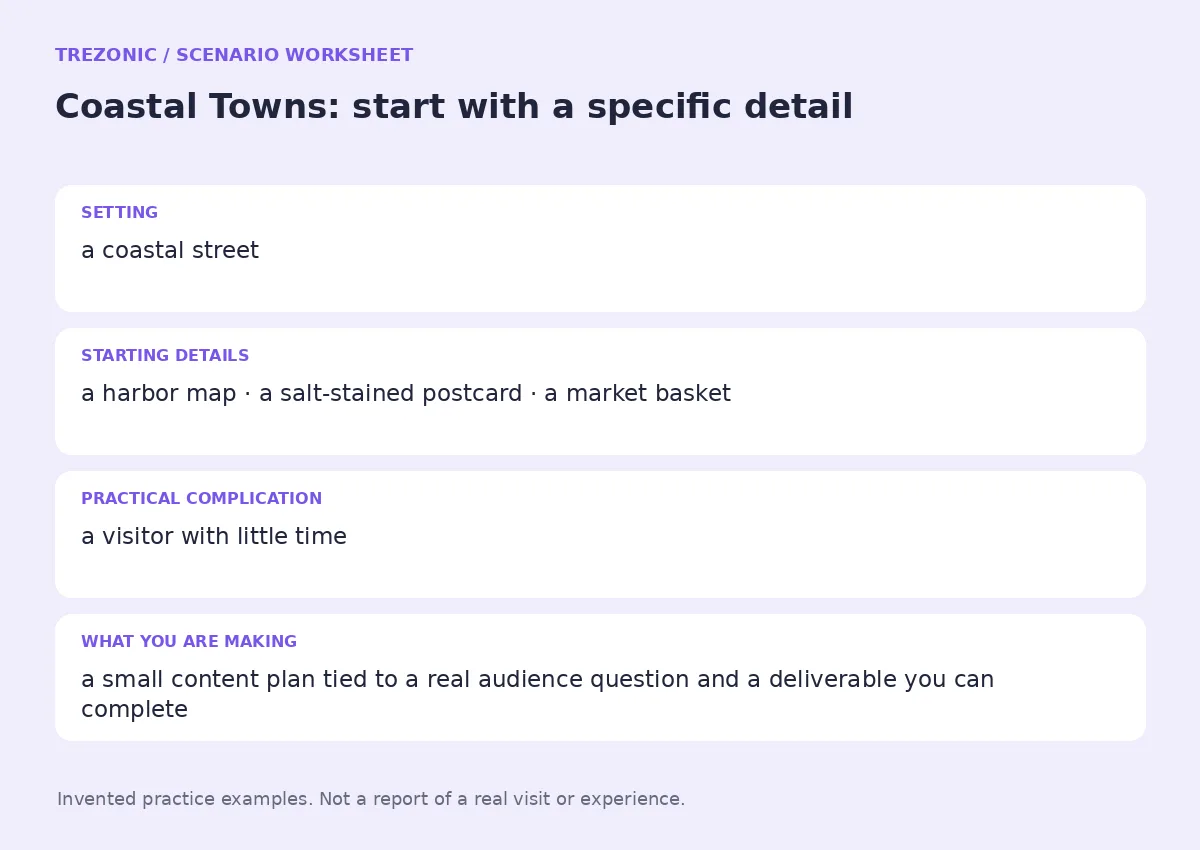 Practice worksheet for Coastal Towns: setting, starting details, complication and goal